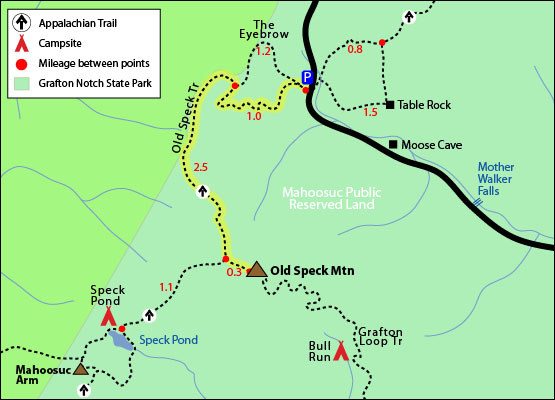 trail map old speck maine new england 4000 footers old speck trail appalachian trail eyebrow moose cave, mother walker falls, old speck mountain tower grafton notch state park